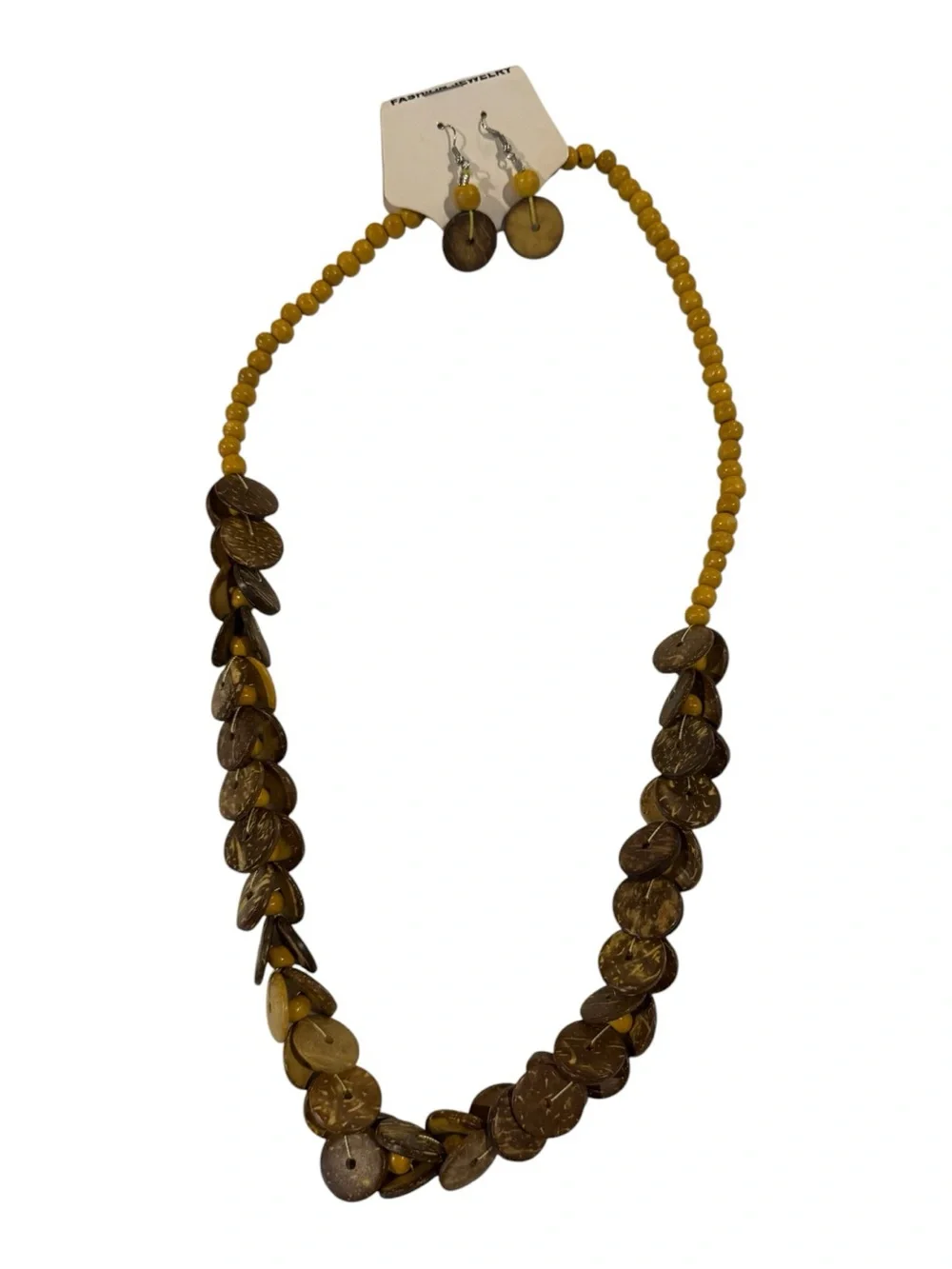 Handmade‎ Yellow and Brown Bead & Disc Necklace with Matching Earrings